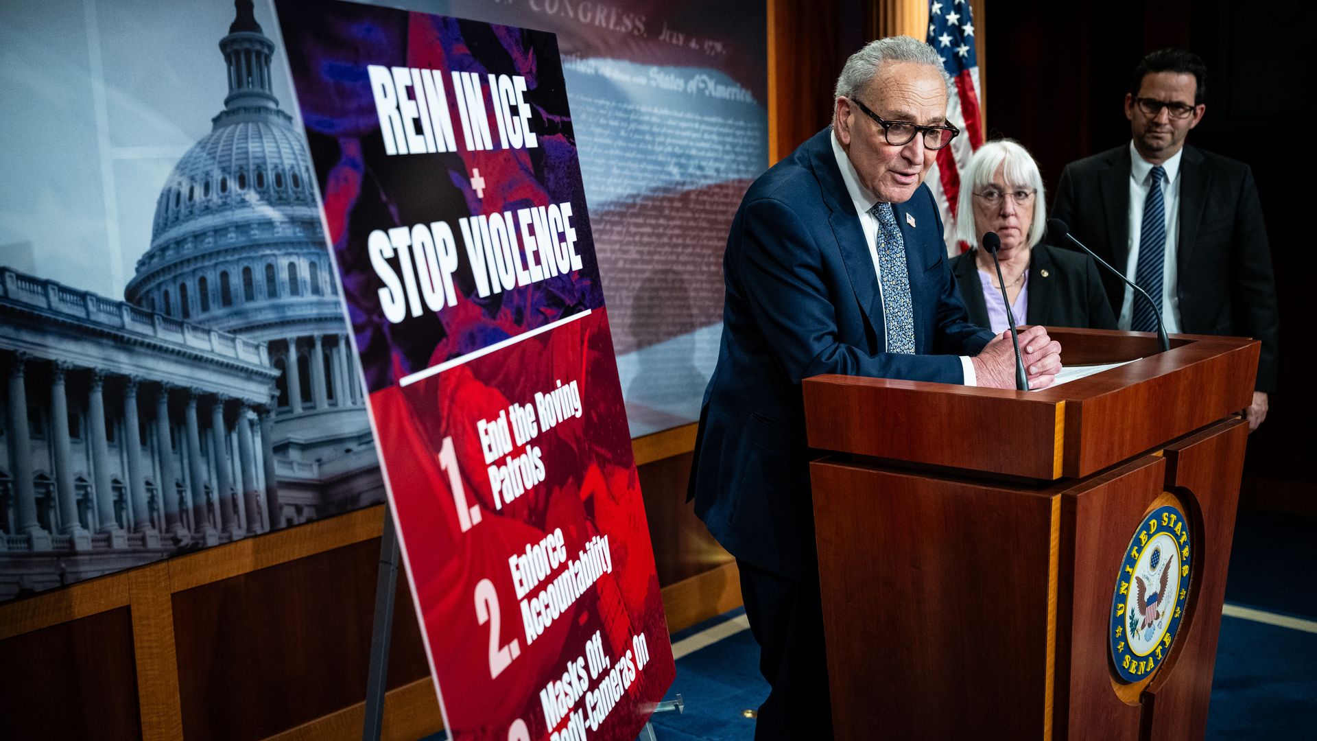 Senate Minority Leader Chuck Schumer (D-N.Y.) from left, Sen. Patty Murray (D-Wash) and Sen. Brian Schatz (D-Hawaii) during a news conference at the US Capitol in Washington, DC, US, on Friday, Jan. 30, 2026.